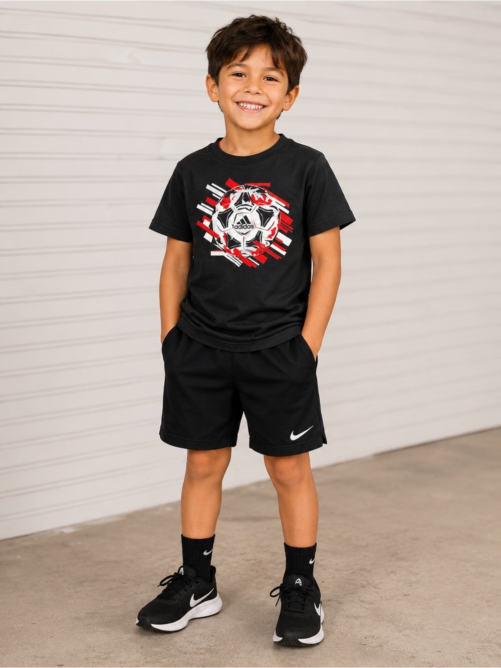 adidas Black Tee with Red & White Soccer Graphic